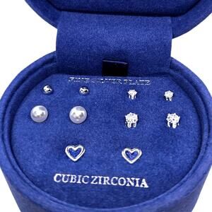 Sparkle Allure 5 Pair Simulated Pearl, cubic zirconia and Heart Earring Set